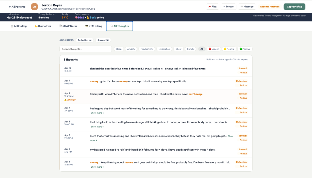 All Thoughts tab with search, sentiment filters, and keyword highlighting